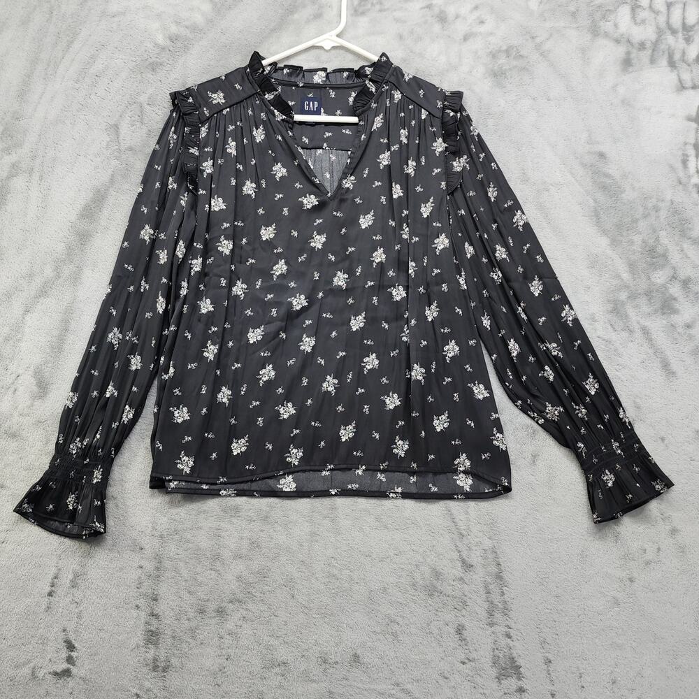 GAP Top Womens Size M Black White Floral Satin V-Neck Long Sleeve Ruffles Office